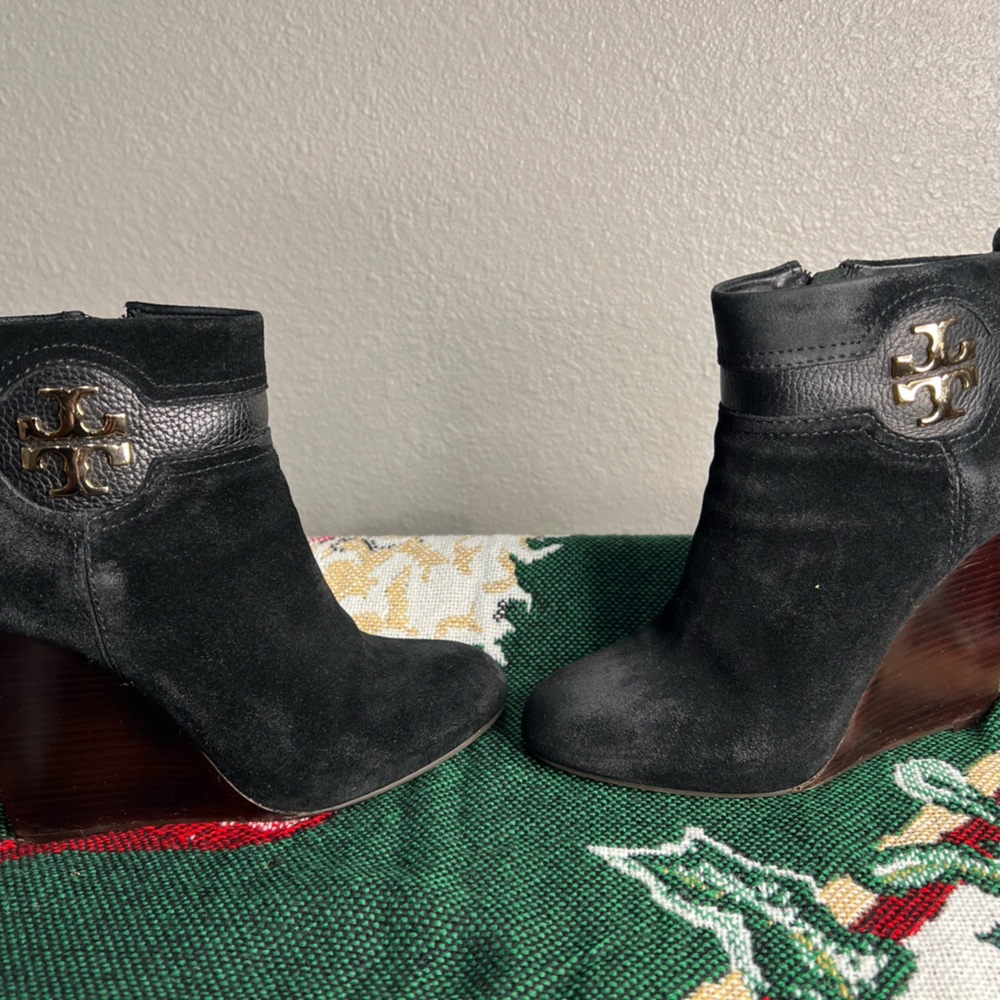 Tory Burch Black Suede Alania Ankle Boots with Gold Logo